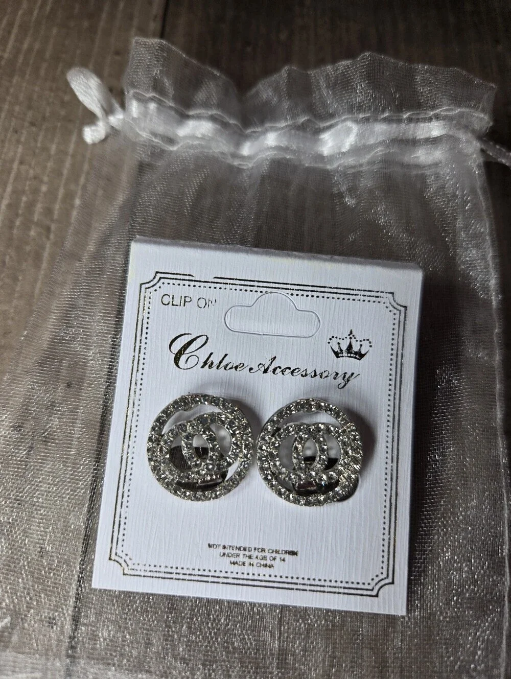 NWT Chloe Accessory Double Circle Silver Crystal Clip-On Earrings Women's